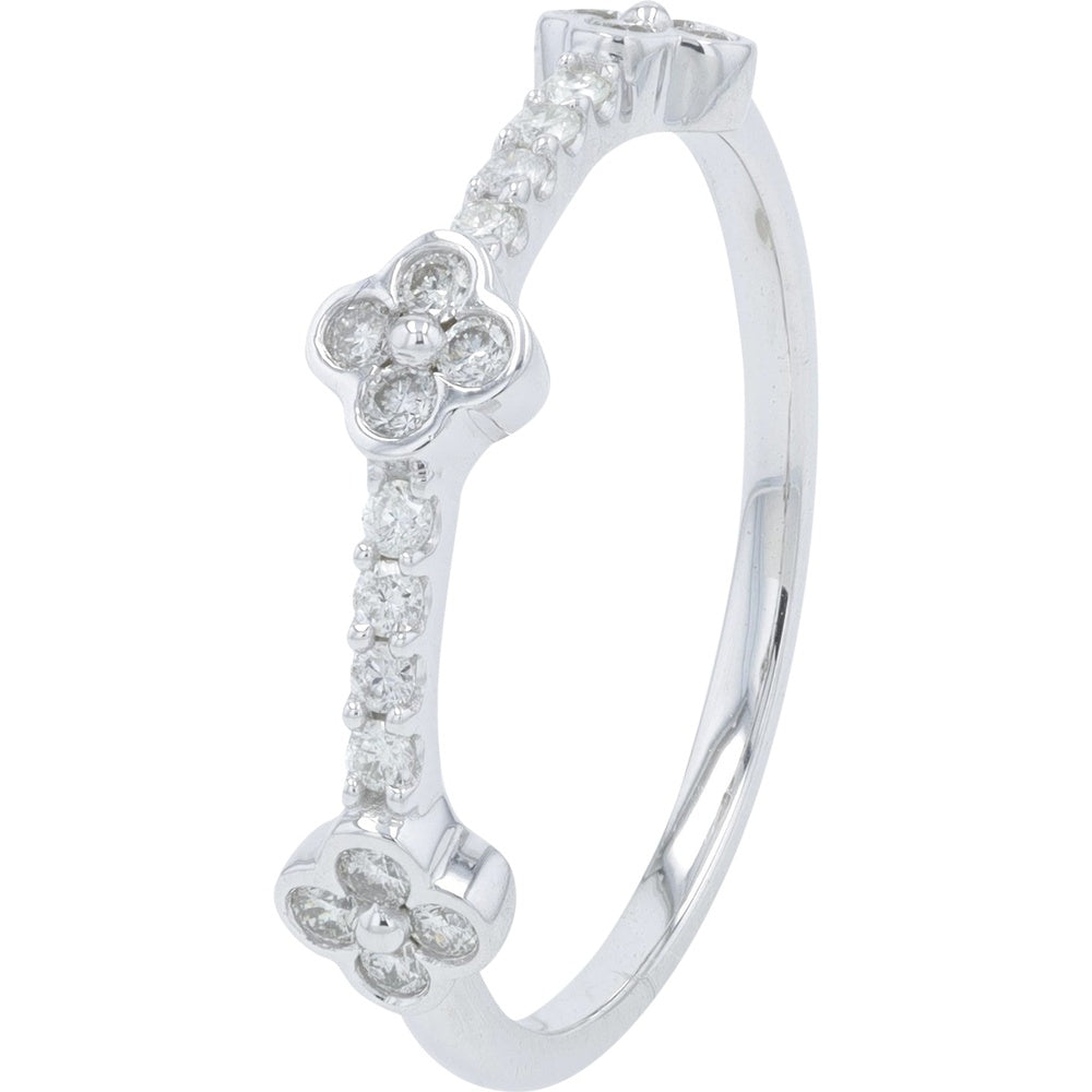 14K White Gold Clover Motif Band with Bezel and Prong Set Round Diamonds - 0.25 Carat Total Diamond Weight