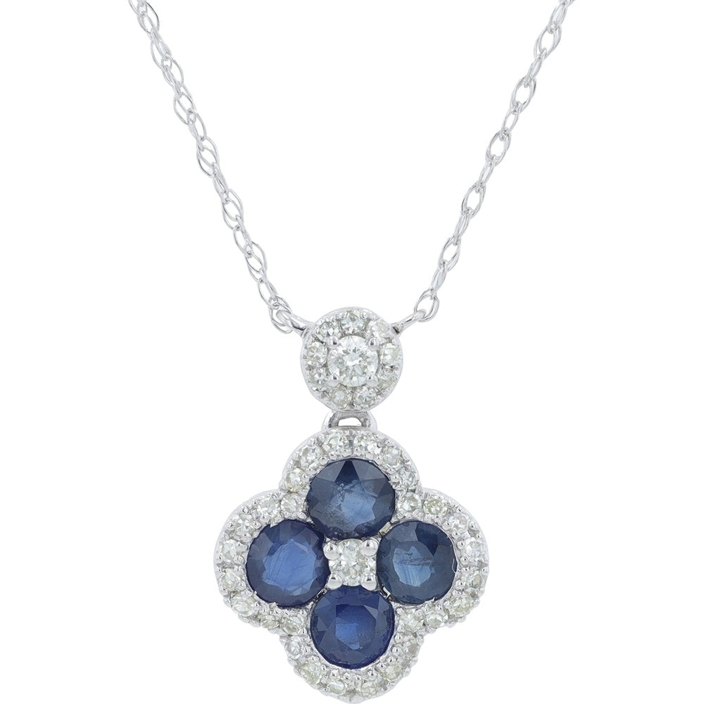 14K White Gold Clover Motif Pendant Necklace with Round Sapphires and Diamond Halo - 0.65 Carat Total Sapphire Weight