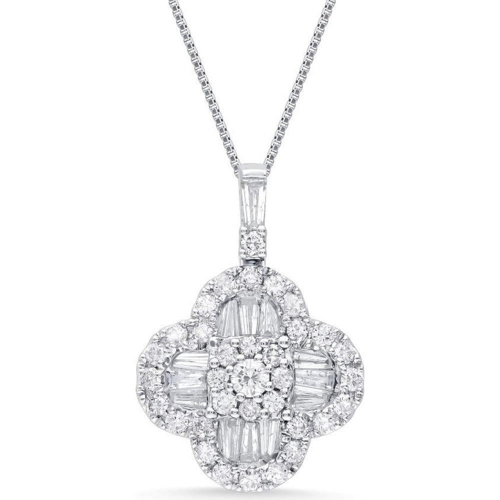 14K White Gold Clover Motif Pendant with Round and Tapered Baguette Diamond Halo - 1.15 Carat Total Diamond Weight by Auriventus