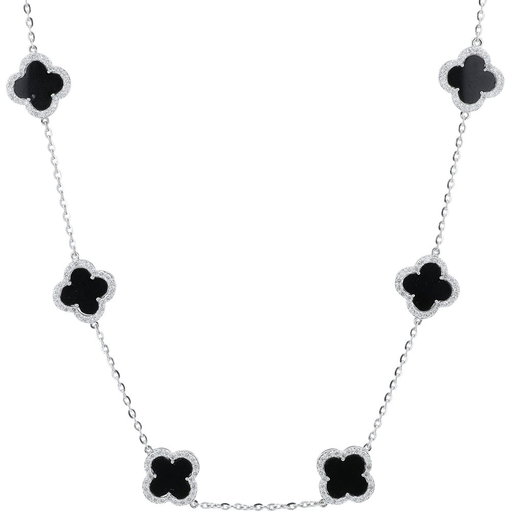14K White Gold Clover Station Necklace with Black Onyx and Diamond Halo - 1.22 Carat Total Diamond Weight