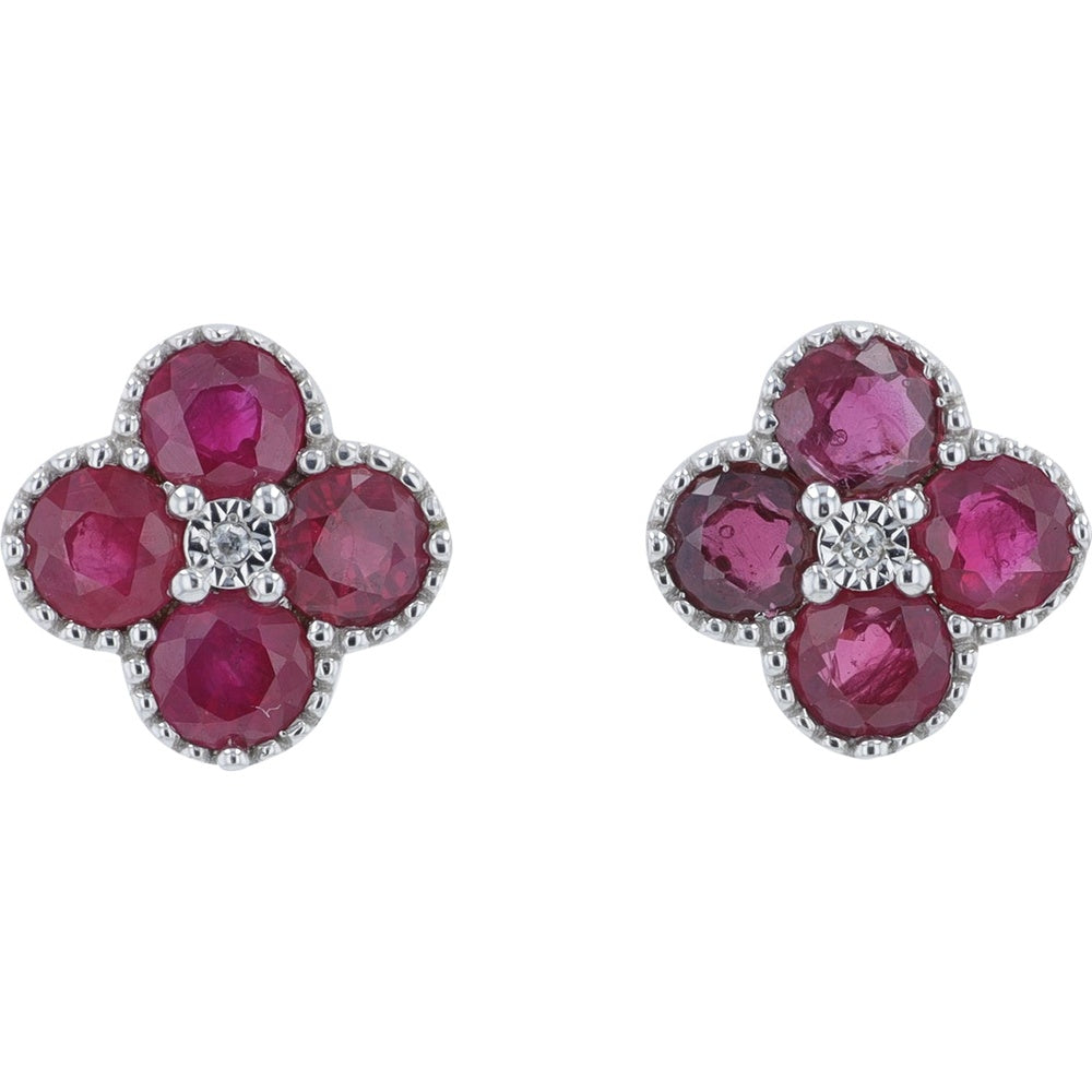 14K White Gold Clover Stud Earrings with Round Rubies and Diamond Center - 1.50 Carat Total Ruby Weight and 0.08 Carat Total Diamond Weight