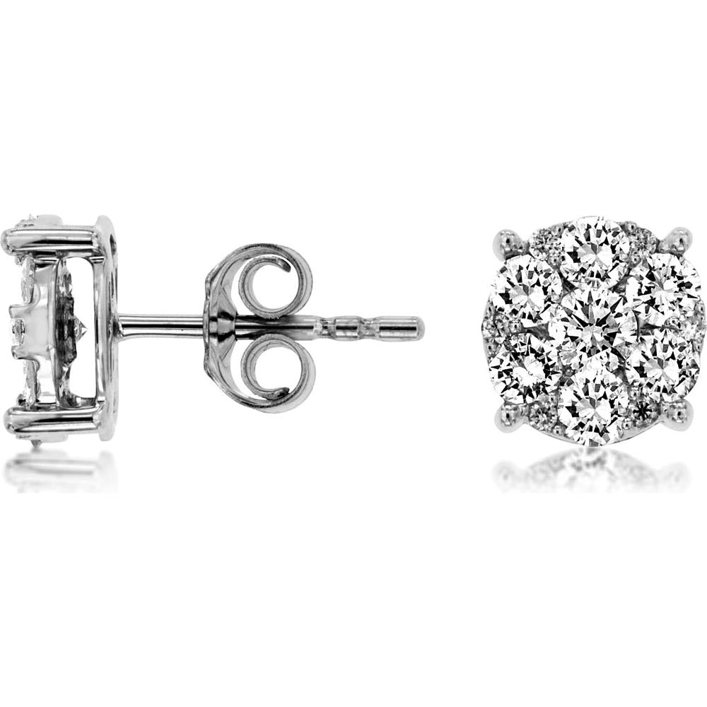 14K White Gold Cluster Diamond Stud Earrings with Round Brilliant Cut Stones - 1.00 Carat Total Diamond Weight - Royal Jewelry