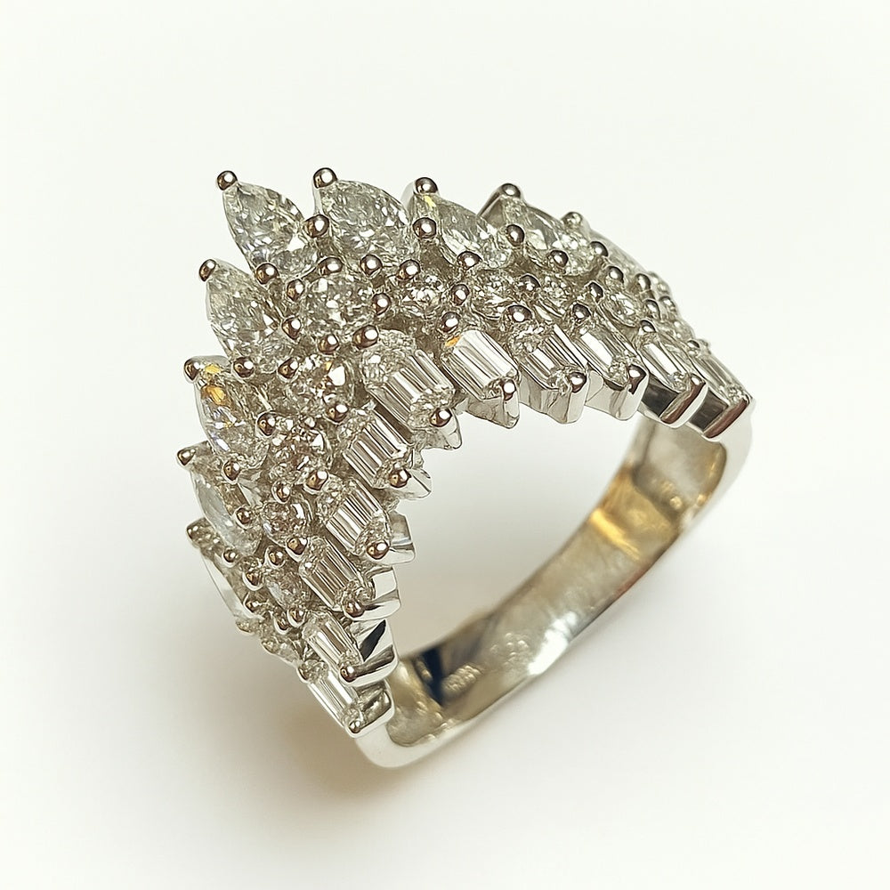 14K White Gold Cluster Fashion Ring with Marquise, Round, and Baguette Diamonds - 2.59 Carat Total Diamond Weight by Auriventus