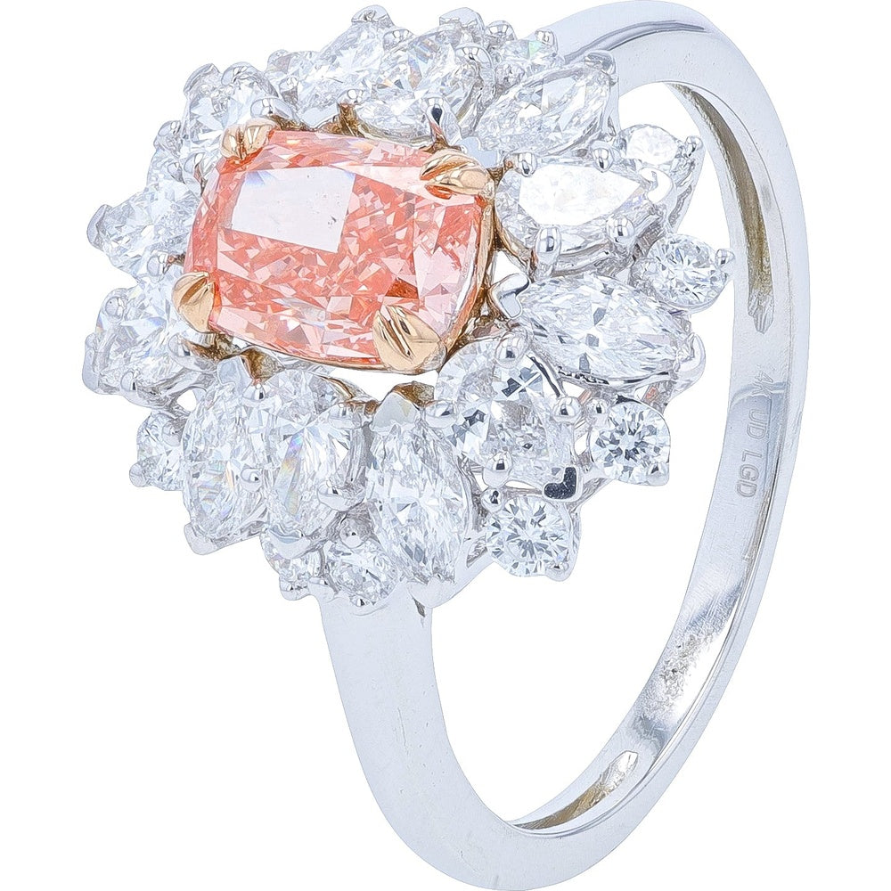 14K White Gold Cluster Halo Ring with Cushion-Cut Pink Lab-Grown Diamond and Marquise-Pear Accents - 2.25 Carat Total Diamond Weight