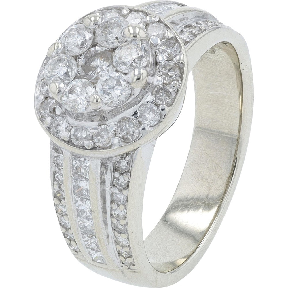 14K White Gold Cluster Halo Ring with Round and Princess Cut Diamonds - 1.25 Carat Total Diamond Weight
