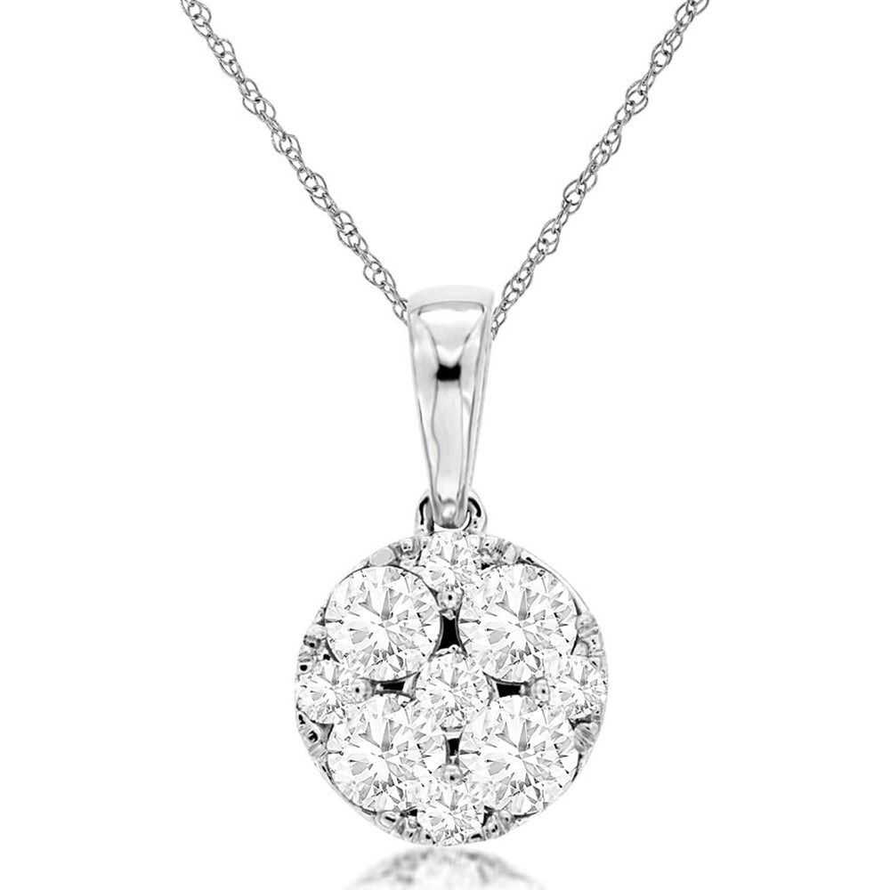 14K White Gold Cluster Pendant Necklace with Round Brilliant-Cut Diamonds - 1.00 Carat Total Diamond Weight - Royal Jewelry