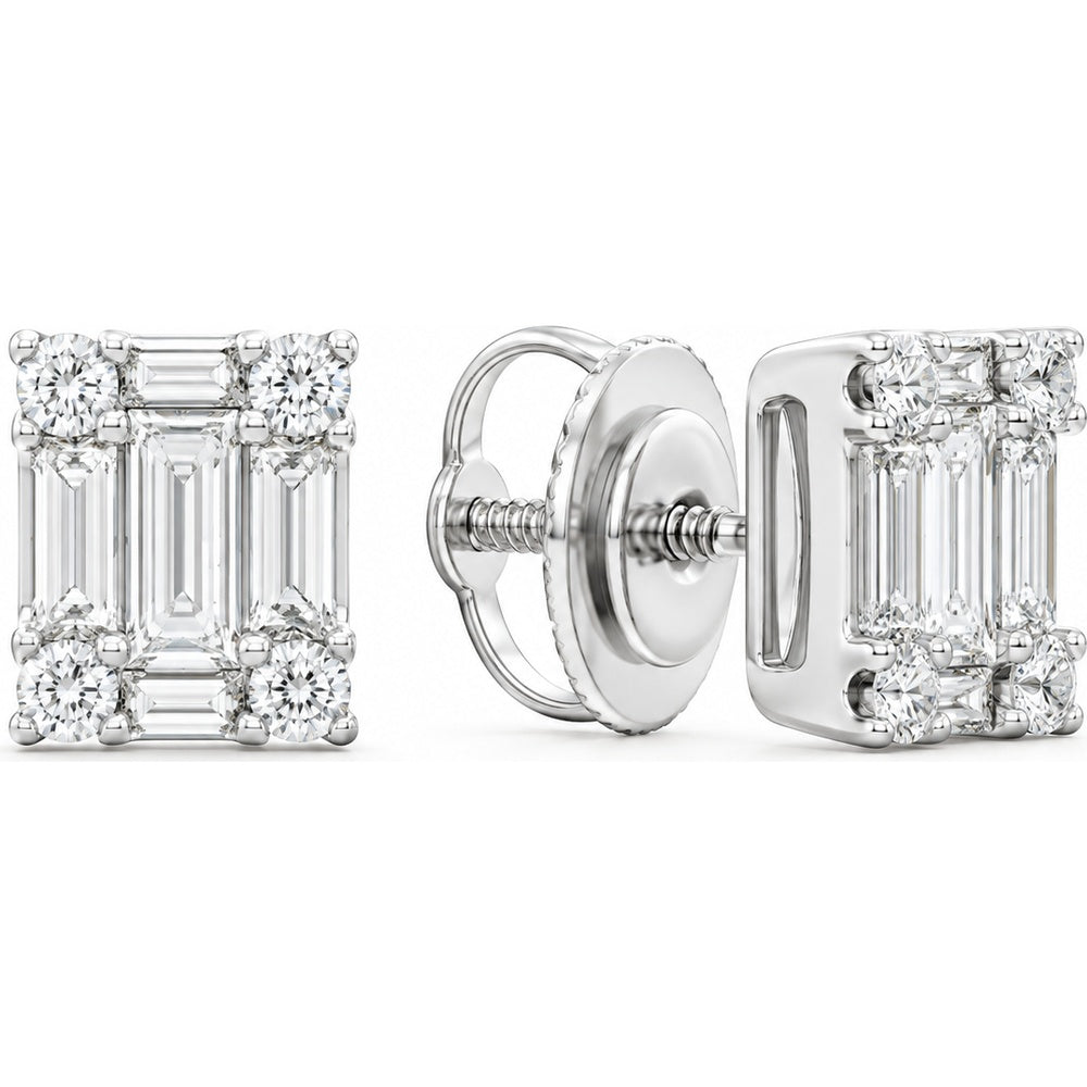 14K White Gold Cluster Stud Earrings with Emerald Cut and Baguette Diamonds - 0.43 Carat Total Diamond Weight by Auriventus