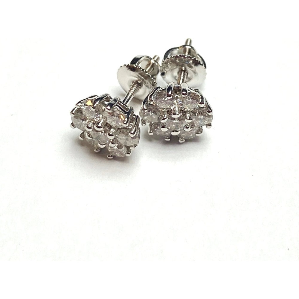 14K White Gold Cluster Stud Earrings with Prong-Set Round Diamonds - 1.34 Carat Total Diamond Weight by Auriventus
