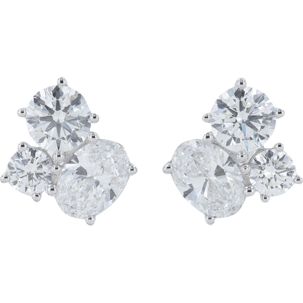 14K White Gold Cluster Stud Earrings with Round and Pear Lab Grown Diamonds - 2.50 Carat Total Diamond Weight