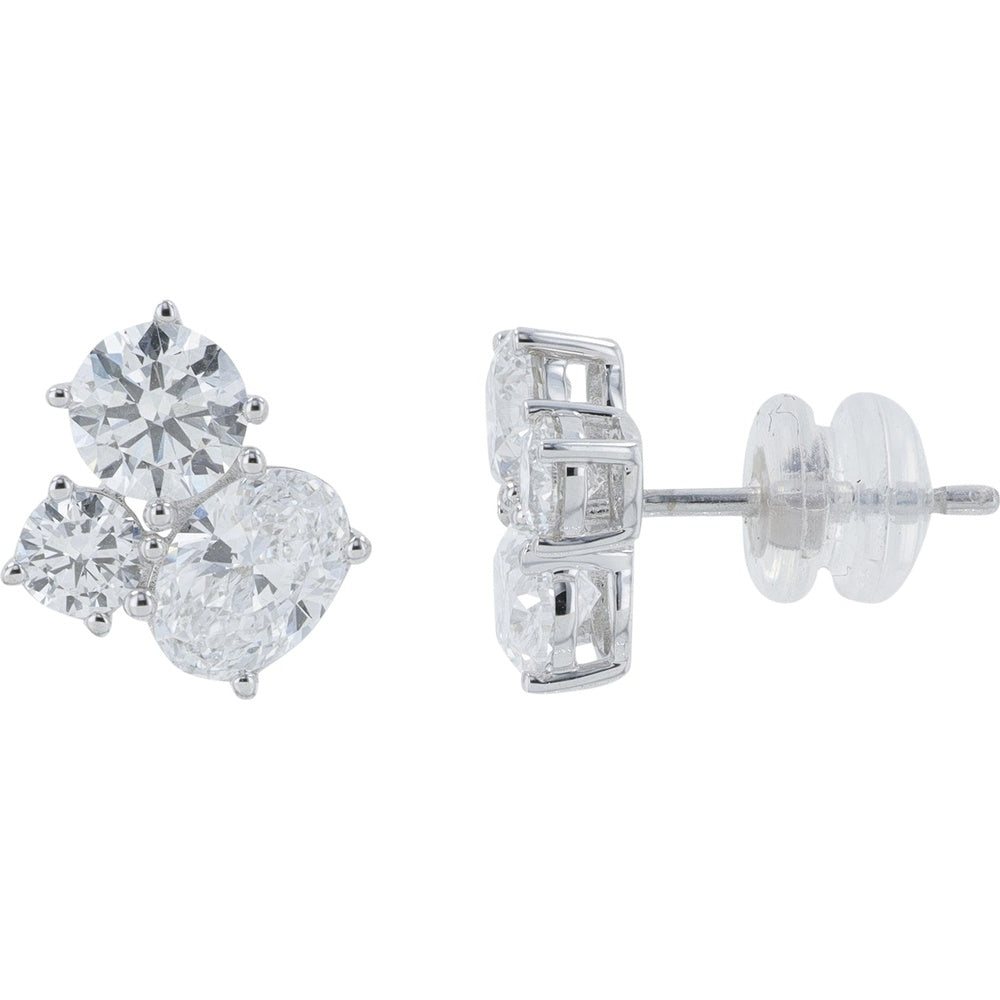 14K White Gold Cluster Stud Earrings with Round and Pear Lab Grown Diamonds - 2.50 Carat Total Diamond Weight