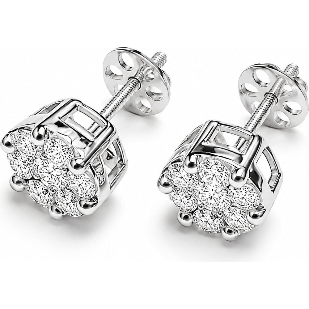 14K White Gold Cluster Stud Earrings with Round Diamonds - 1.60 Carat Total Diamond Weight by Auriventus