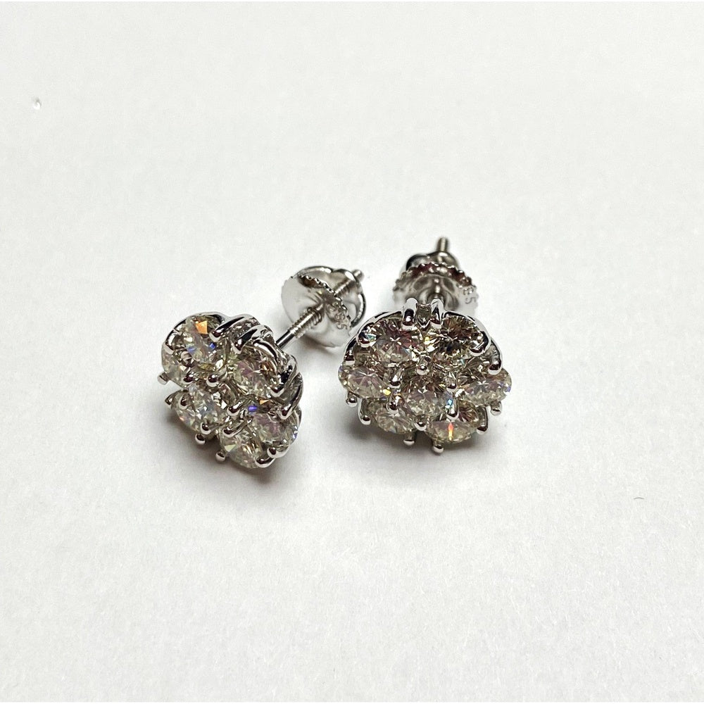 14K White Gold Cluster Stud Earrings with Round Diamonds - 2.82 Carat Total Diamond Weight by Auriventus