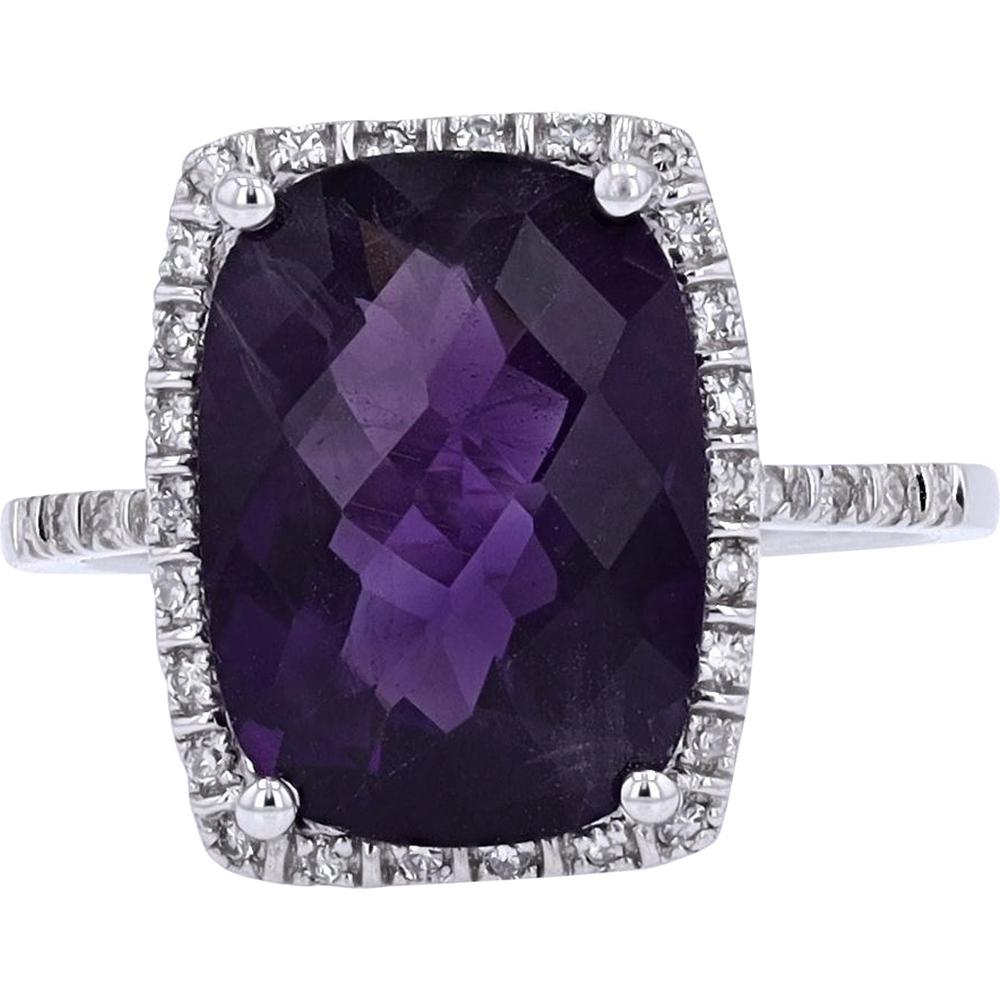 14K White Gold Cocktail Ring with 4.50 Carats Cushion-Cut Amethyst and Diamond Halo - 0.14 Carats Total Diamond Weight