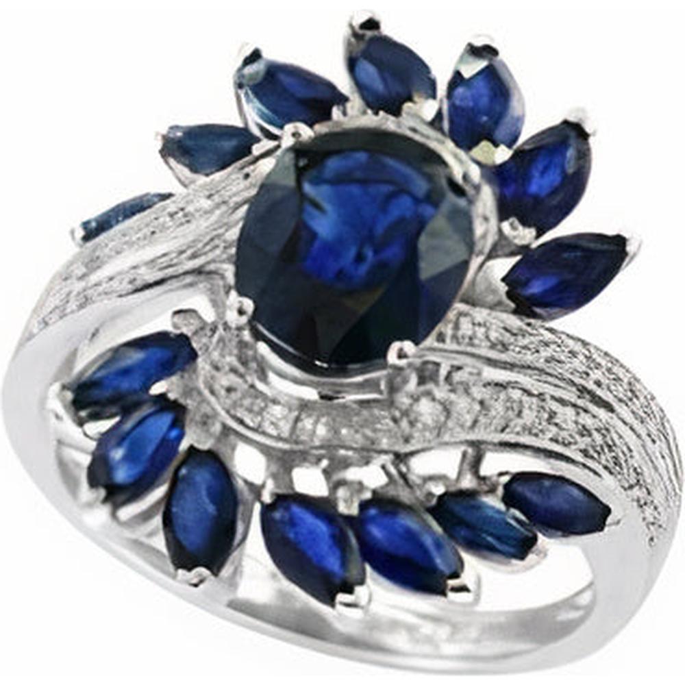 14K White Gold Cocktail Ring with Oval and Marquise Sapphires - 4.48 Carats Total Sapphire Weight and 0.21 Carats Diamond Accents
