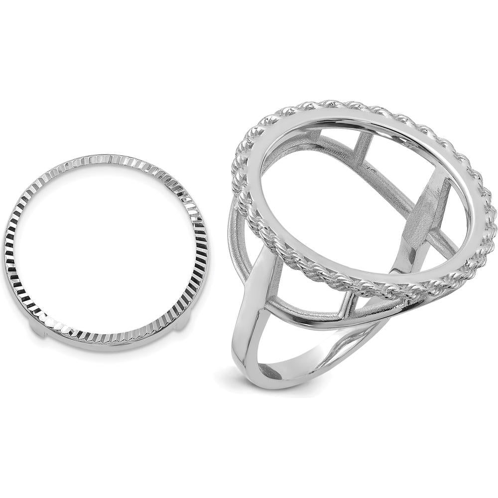 14K White Gold Coin Bezel Ring with Polished Diamond-Cut Rope Edge - Holds 1/10 oz. American Eagle Coin by Numis Coin Jewelry