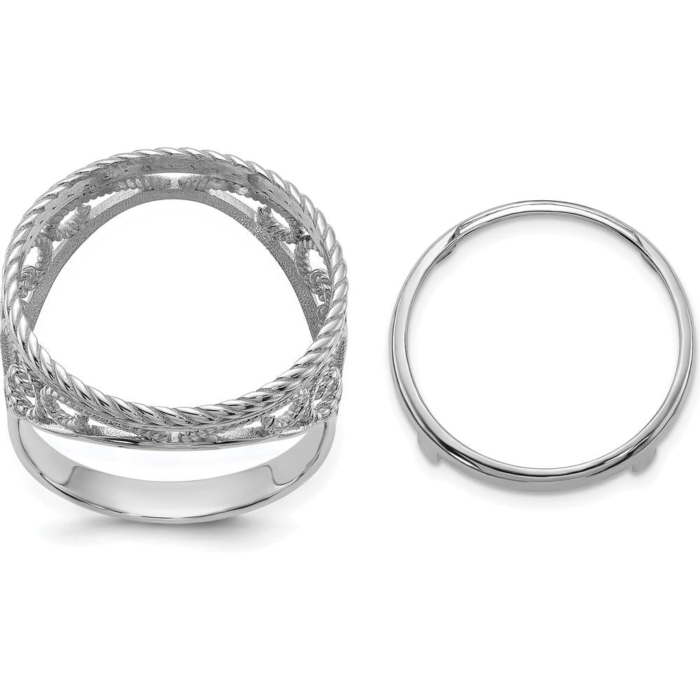 14K White Gold Coin Bezel Ring with Polished Twisted Wire Scroll Design - Holds 1/10 oz. American Eagle Coin by Numis Coin Jewelry