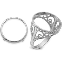14K White Gold Coin Bezel Ring with Polished Twisted Wire Scroll Design - Holds 1/10 oz. American Eagle Coin by Numis Coin Jewelry