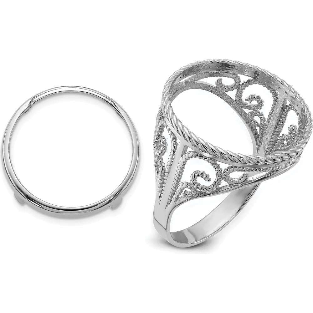 14K White Gold Coin Bezel Ring with Polished Twisted Wire Scroll Design - Holds 1/10 oz. American Eagle Coin by Numis Coin Jewelry