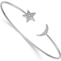 14K White Gold Complete 1/4 Carat Diamond Moon and Star Flexible Cuff Bangle Bracelet by Monteluci Fine Jewelry
