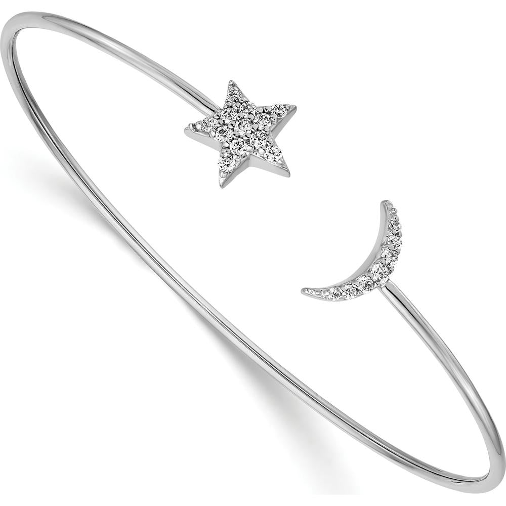 14K White Gold Complete 1/4 Carat Diamond Moon and Star Flexible Cuff Bangle Bracelet by Monteluci Fine Jewelry