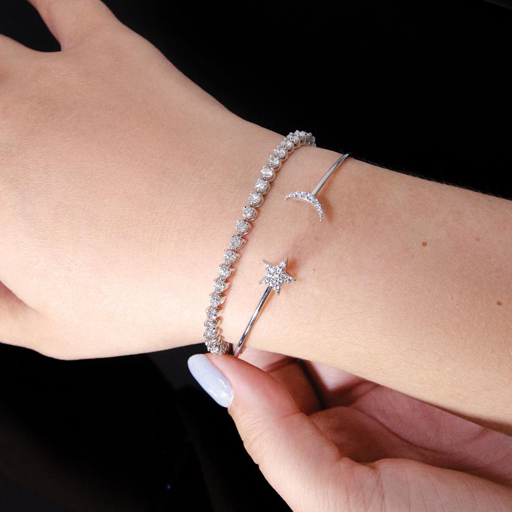 14K White Gold Complete 1/4 Carat Diamond Moon and Star Flexible Cuff Bangle Bracelet by Monteluci Fine Jewelry