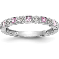 14K White Gold Complete Band with Princess Cut Pink Sapphires and Round Diamonds - 0.10 Carat Total Gem Weight by 0