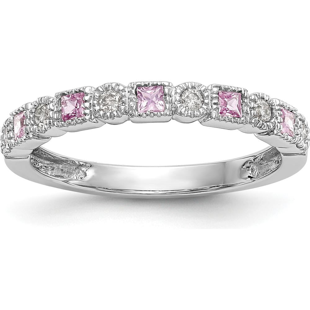 14K White Gold Complete Band with Princess Cut Pink Sapphires and Round Diamonds - 0.10 Carat Total Gem Weight by 0