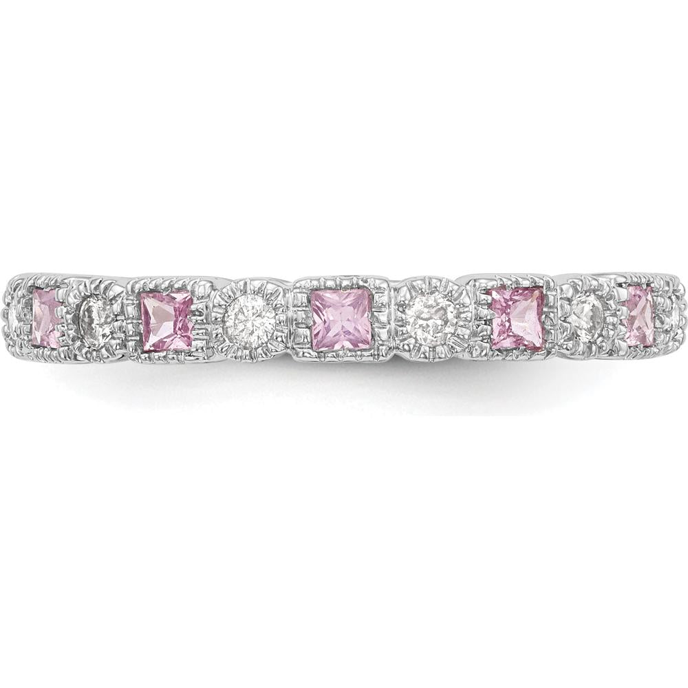 14K White Gold Complete Band with Princess Cut Pink Sapphires and Round Diamonds - 0.10 Carat Total Gem Weight by 0