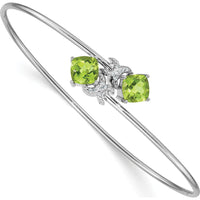 14K White Gold Complete Cushion-cut Peridot and Diamond Flexible Bangle Bracelet - 1.25 Carats Total Peridot Weight, 0.03 Carats Total Diamond Weight by Monteluci Fine Jewelry