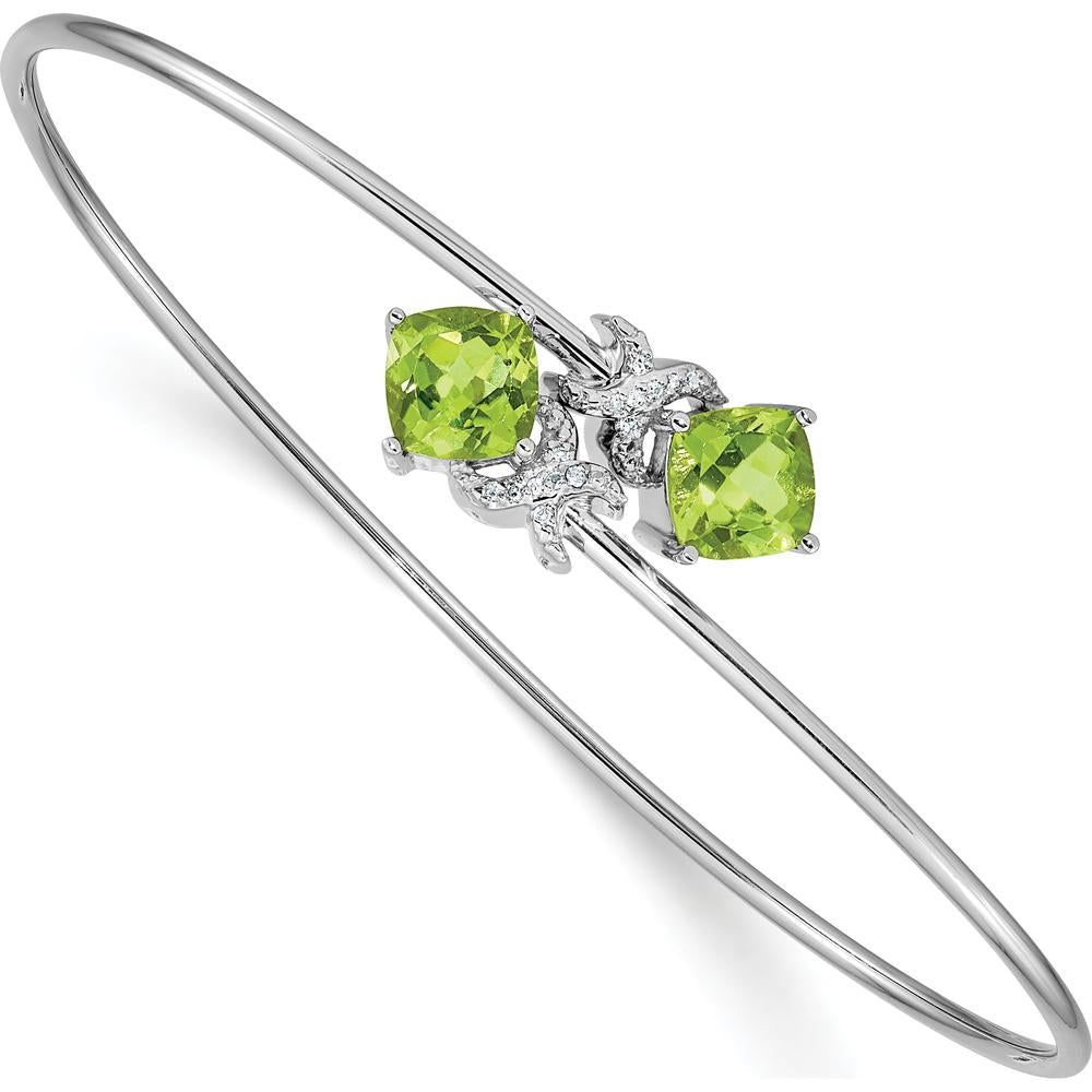 14K White Gold Complete Cushion-cut Peridot and Diamond Flexible Bangle Bracelet - 1.25 Carats Total Peridot Weight, 0.03 Carats Total Diamond Weight by Monteluci Fine Jewelry