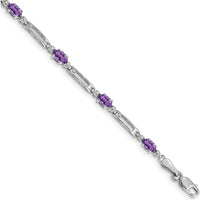 14K White Gold Complete Diamond and Oval Amethyst Fancy Link 7" Bracelet - 0.23 Carats Total Amethyst Weight by Monteluci Fine Jewelry