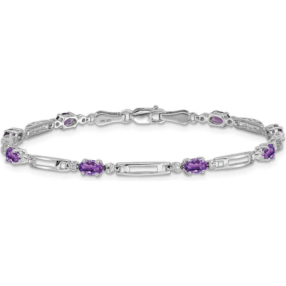 14K White Gold Complete Diamond and Oval Amethyst Fancy Link 7" Bracelet - 0.23 Carats Total Amethyst Weight by Monteluci Fine Jewelry