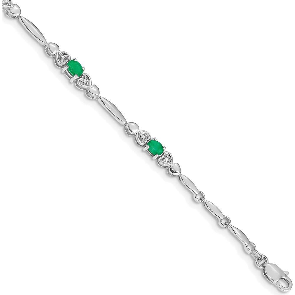 14K White Gold Complete Diamond and Oval Emerald Heart Design 7" Bracelet - 0.22 Carats Total Emerald Weight by Monteluci Fine Jewelry
