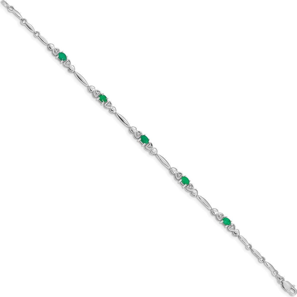 14K White Gold Complete Diamond and Oval Emerald Heart Design 7" Bracelet - 0.22 Carats Total Emerald Weight by Monteluci Fine Jewelry