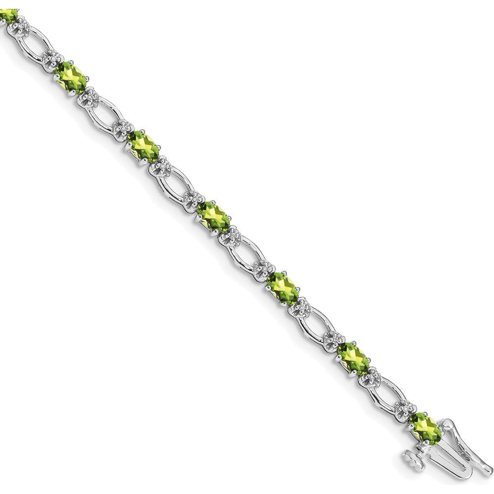 14K White Gold Complete Diamond and Oval Peridot Heart Accent Bracelet - 0.25 Carats Total Peridot Weight, 0.004 Carats Total Diamond Weight by Oro Pregiato