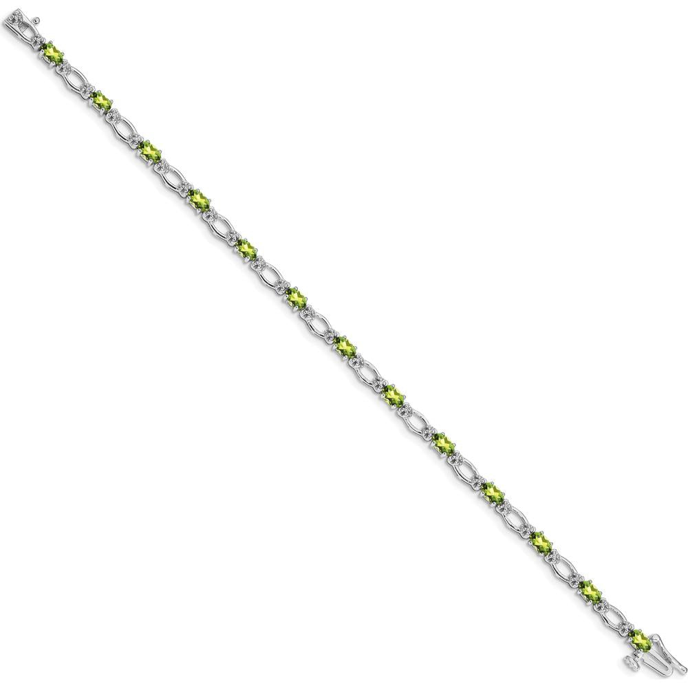 14K White Gold Complete Diamond and Oval Peridot Heart Accent Bracelet - 0.25 Carats Total Peridot Weight, 0.004 Carats Total Diamond Weight by Oro Pregiato