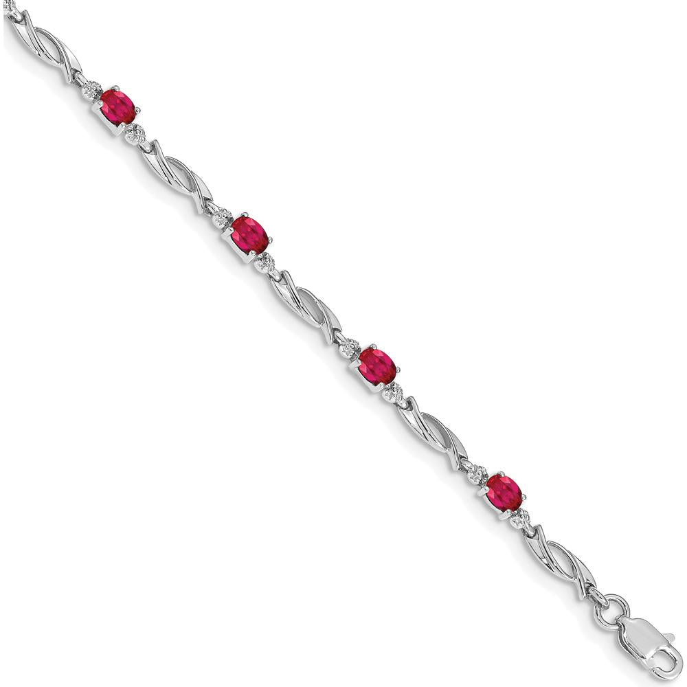 14K White Gold Complete Diamond and Oval Ruby Fancy Link 7.25" Bracelet - 0.22 Carats Total Ruby Weight, 0.01 Carats Total Diamond Weight by Monteluci Fine Jewelry