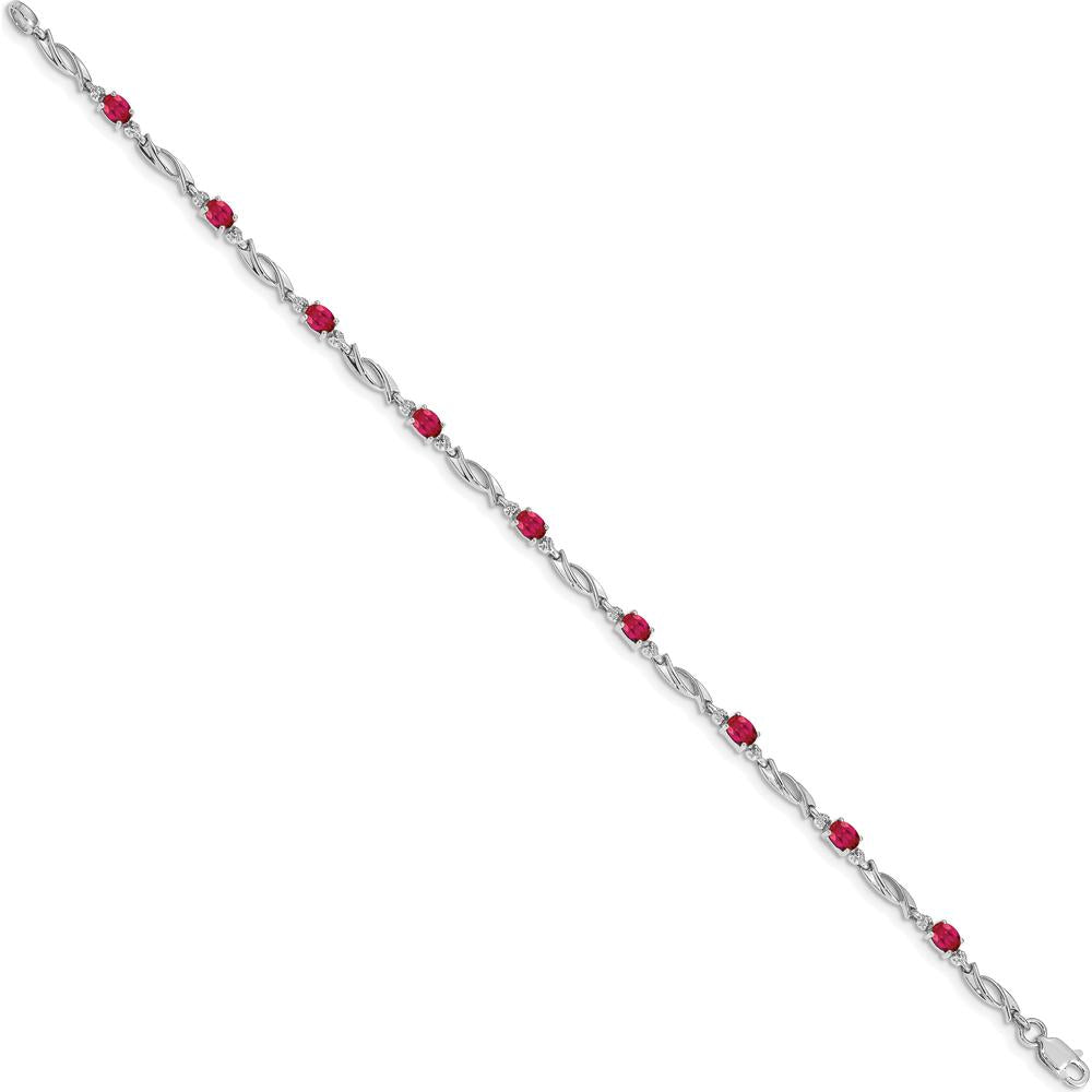14K White Gold Complete Diamond and Oval Ruby Fancy Link 7.25" Bracelet - 0.22 Carats Total Ruby Weight, 0.01 Carats Total Diamond Weight by Monteluci Fine Jewelry