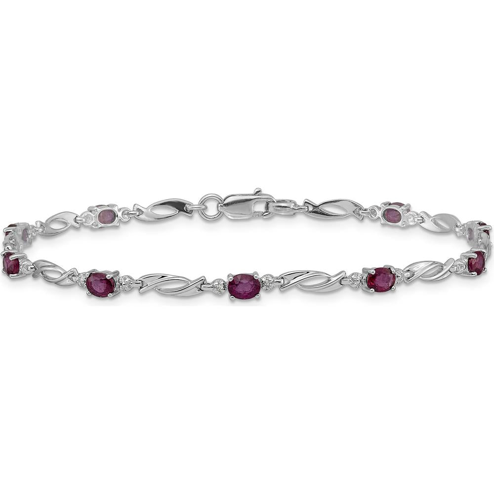 14K White Gold Complete Diamond and Oval Ruby Fancy Link 7.25" Bracelet - 0.22 Carats Total Ruby Weight, 0.01 Carats Total Diamond Weight by Monteluci Fine Jewelry