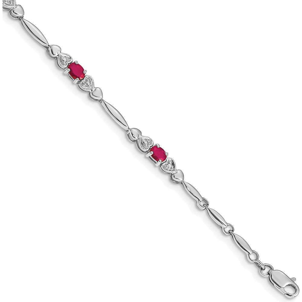14K White Gold Complete Diamond and Oval Ruby Heart Design 7" Bracelet - 0.22 Carats Total Ruby Weight, 0.01 Carats Total Diamond Weight by Monteluci Fine Jewelry