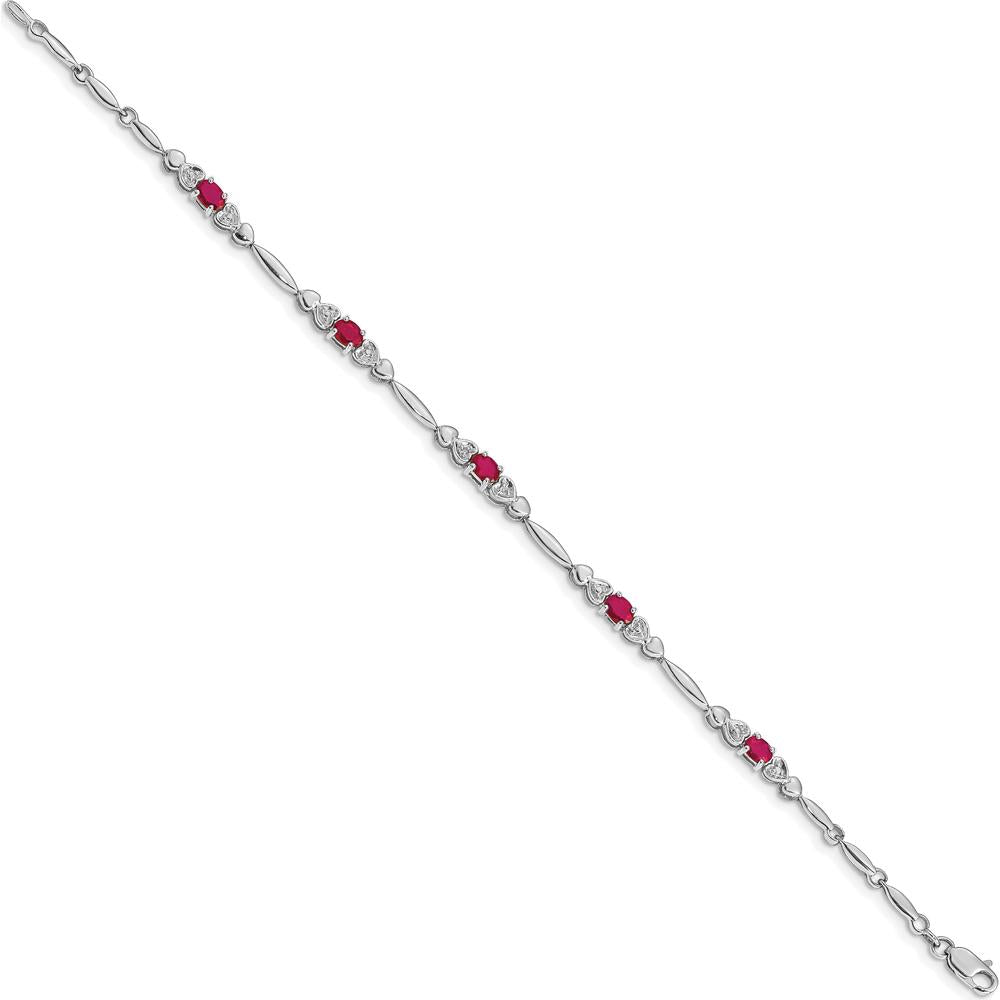 14K White Gold Complete Diamond and Oval Ruby Heart Design 7" Bracelet - 0.22 Carats Total Ruby Weight, 0.01 Carats Total Diamond Weight by Monteluci Fine Jewelry