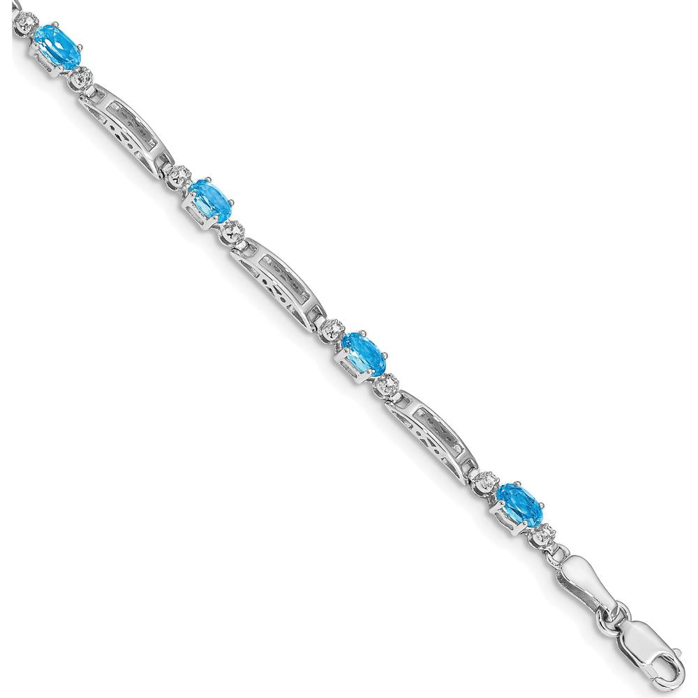 14K White Gold Complete Diamond and Oval Swiss Blue Topaz Fancy Link 7" Bracelet - 0.3 Carats Total Swiss Blue Topaz Weight by Monteluci Fine Jewelry