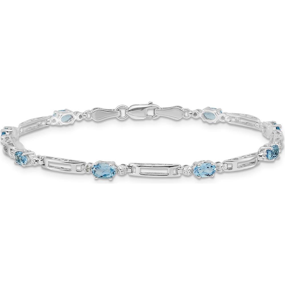14K White Gold Complete Diamond and Oval Swiss Blue Topaz Fancy Link 7" Bracelet - 0.3 Carats Total Swiss Blue Topaz Weight by Monteluci Fine Jewelry