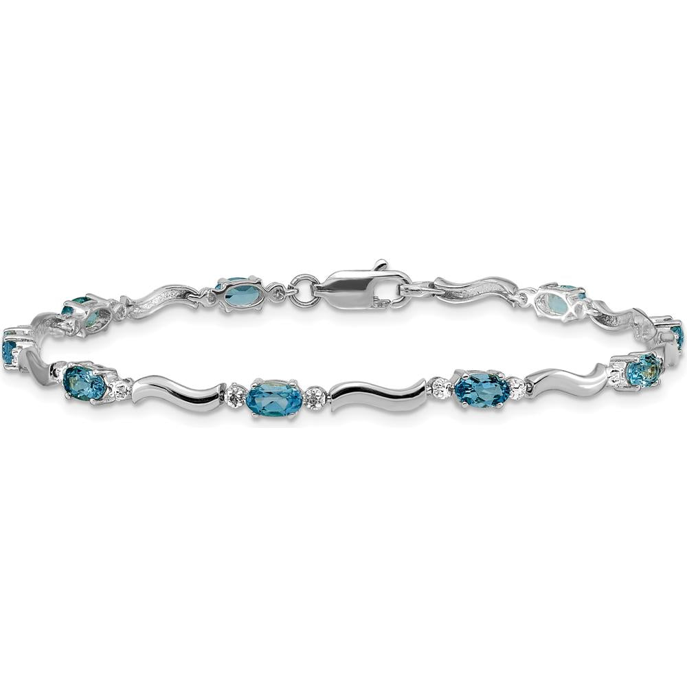 14K White Gold Complete Diamond and Oval Swiss Blue Topaz Wavy Link Bracelet - 0.30 Carats Total Gem Weight by Oro Pregiato