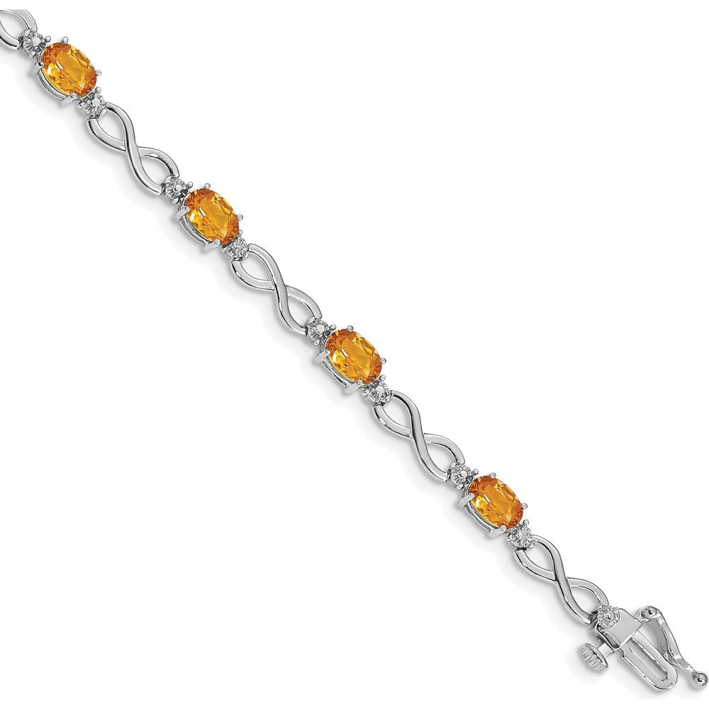 14K White Gold Complete Oval Citrine and Diamond Infinity Link 7" Bracelet - 0.48 Carats Citrine, 0.025 Carats Diamonds by Oro Pregiato