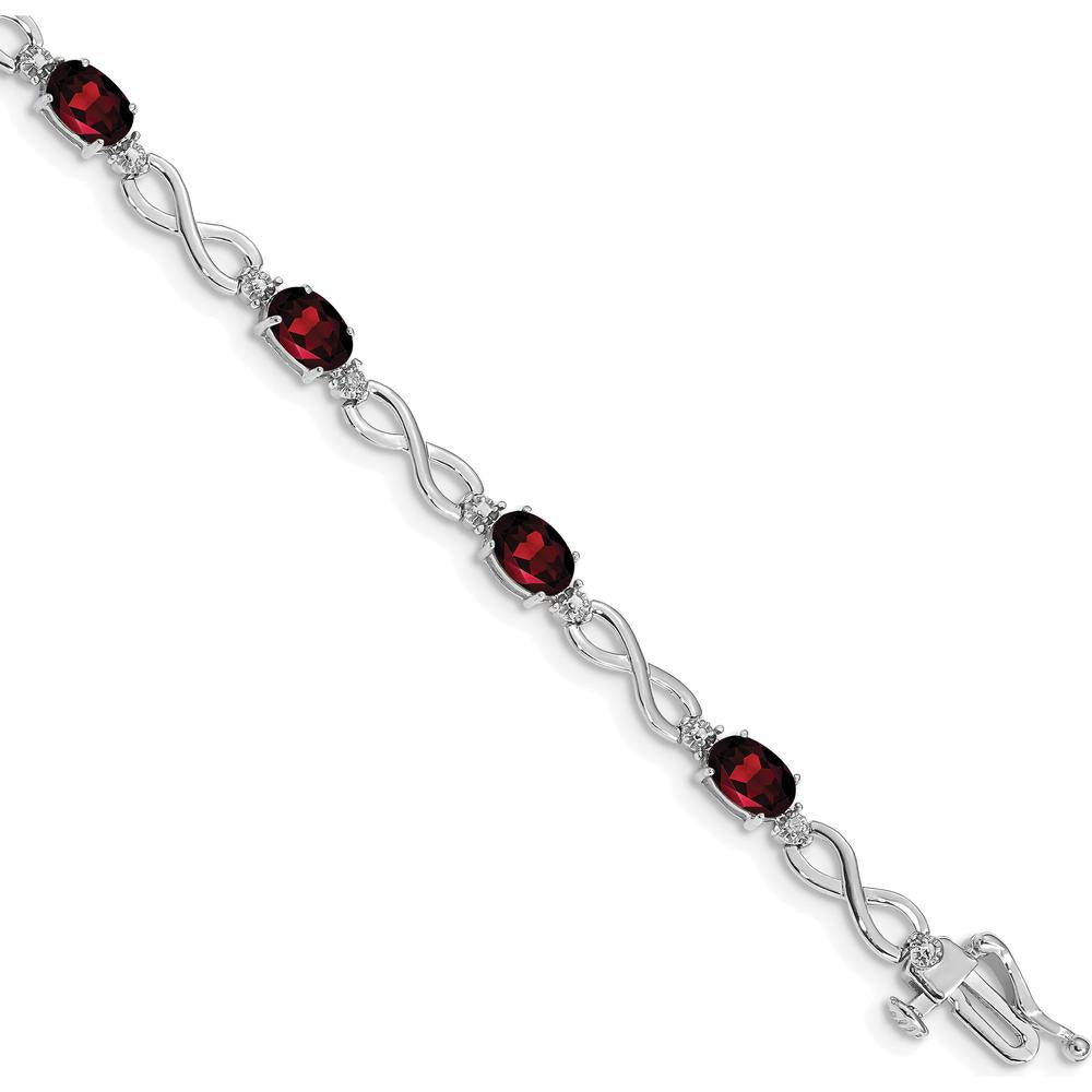 14K White Gold Complete Oval Garnet and Diamond Infinity Link 7" Bracelet - 0.6 Carats Garnet, 0.025 Carats Diamond Total Weight by Oro Pregiato
