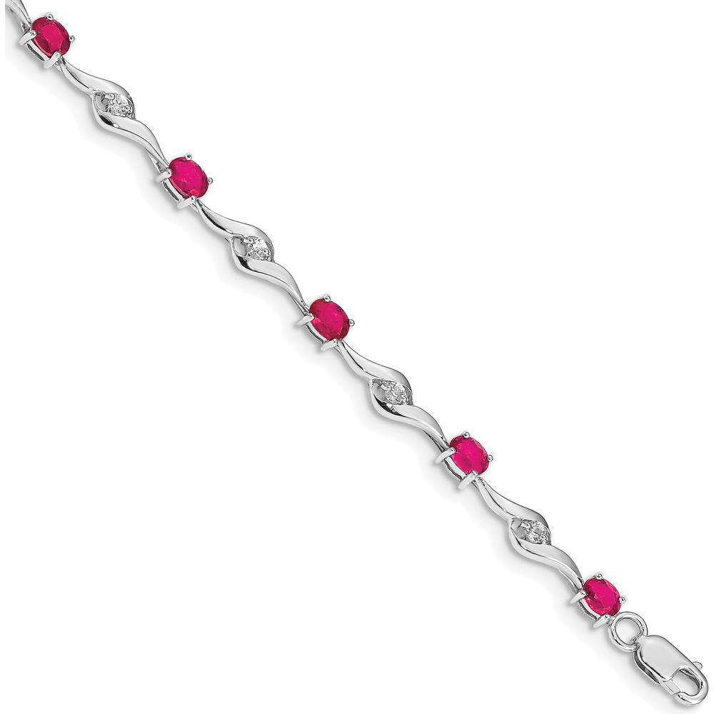 14K White Gold Complete Oval Ruby and Round White Sapphire Curved Link 7" Bracelet - 0.22 Carats Ruby & 0.027 Carats Sapphire Total Weight by Monteluci Fine Jewelry