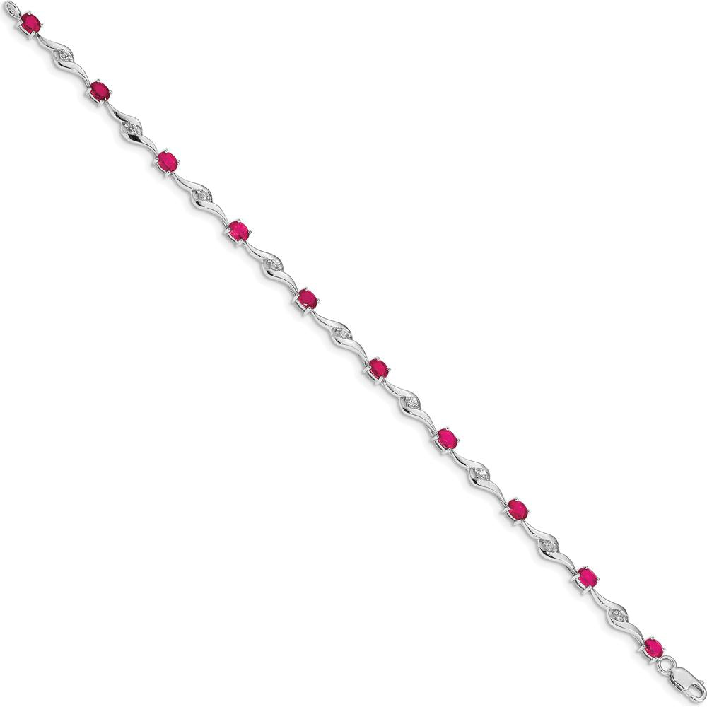 14K White Gold Complete Oval Ruby and Round White Sapphire Curved Link 7" Bracelet - 0.22 Carats Ruby & 0.027 Carats Sapphire Total Weight by Monteluci Fine Jewelry