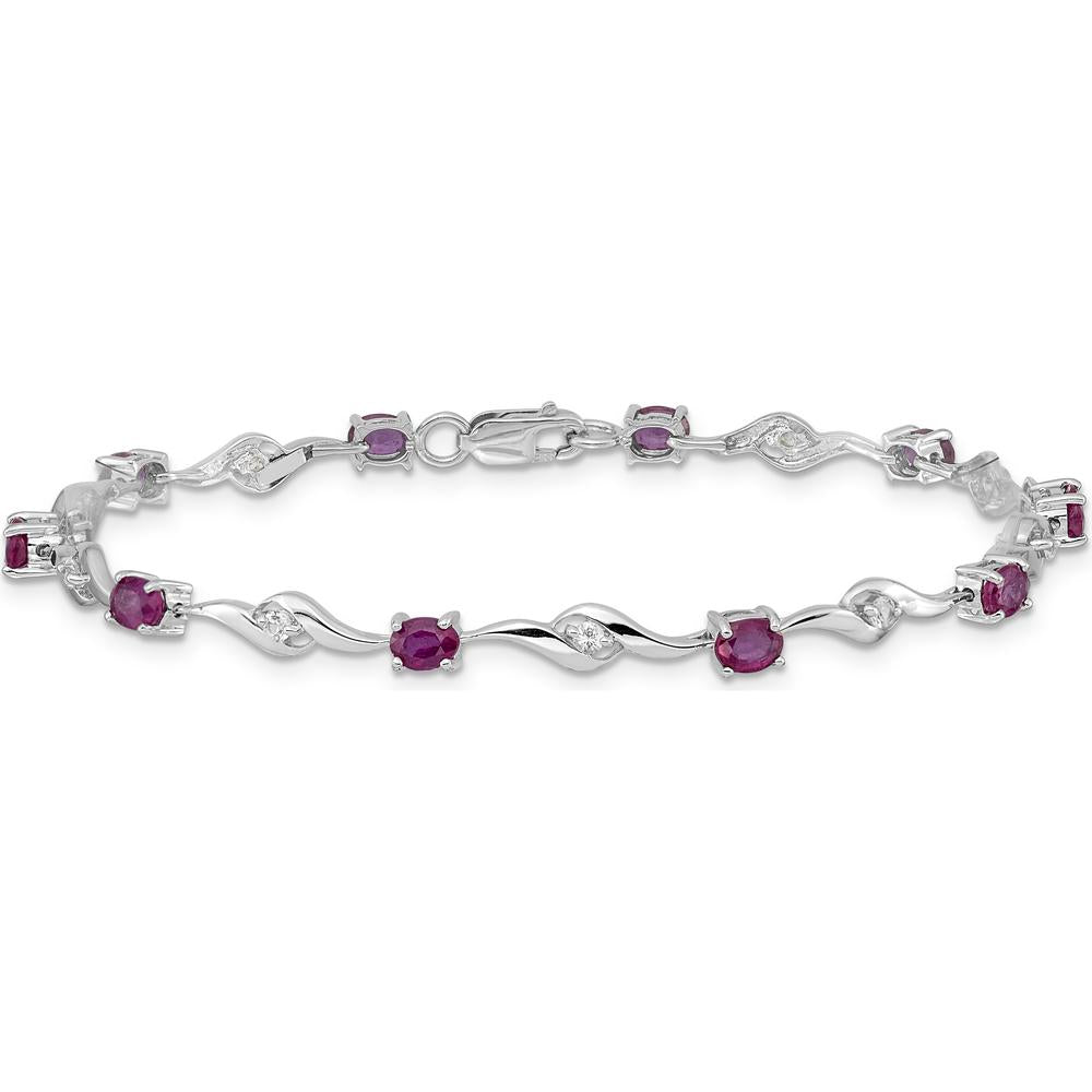 14K White Gold Complete Oval Ruby and Round White Sapphire Curved Link 7" Bracelet - 0.22 Carats Ruby & 0.027 Carats Sapphire Total Weight by Monteluci Fine Jewelry