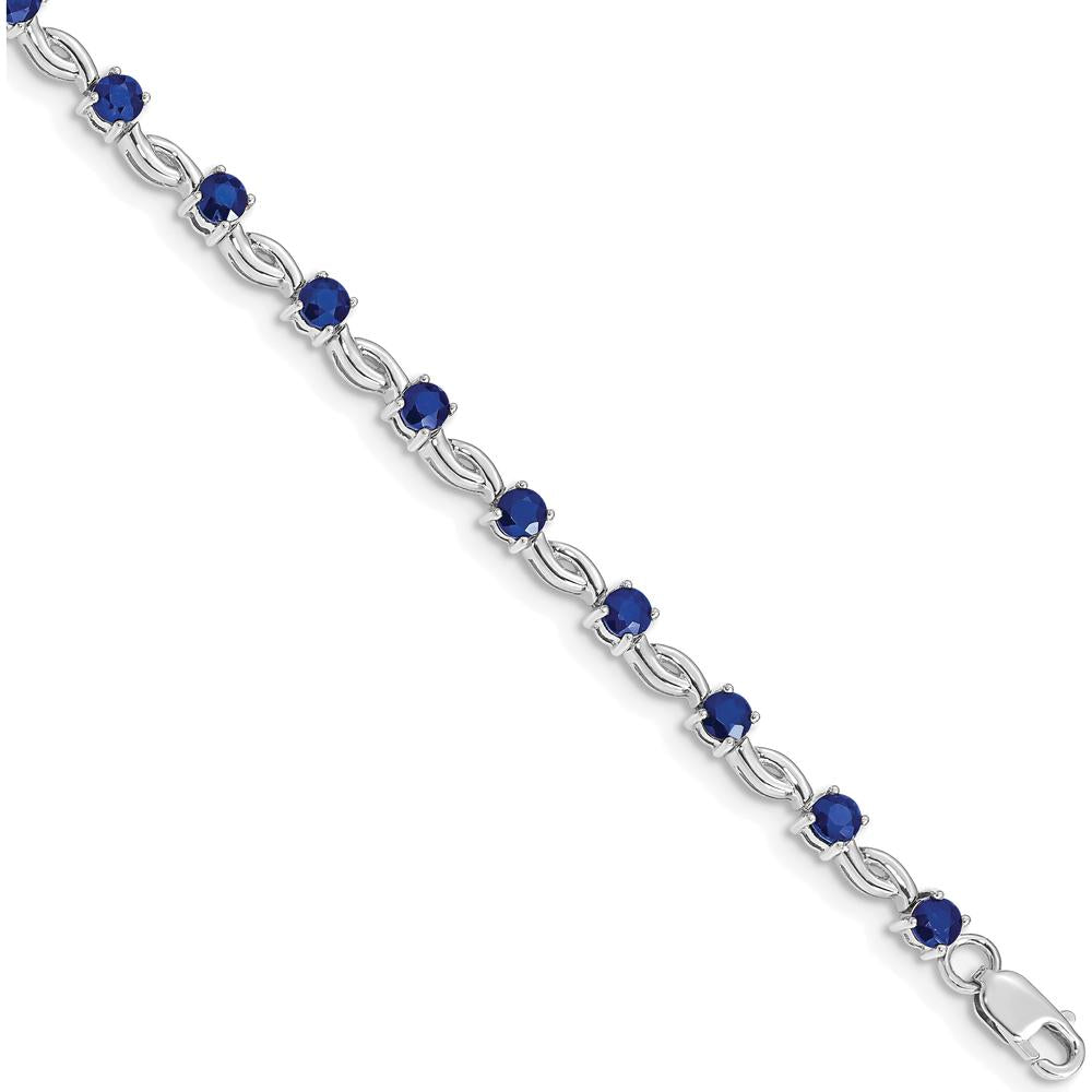 14K White Gold Complete Round Sapphire Fancy Link 7" Bracelet - 0.125 Carats Total Sapphire Weight by Monteluci Fine Jewelry